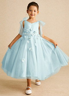 Azazie Minia Flower Girl Dresses Sea Glass A-Line Bow Matte Satin Dress image1