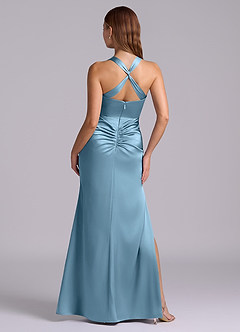 Azazie Amelie Vestidos de damas de honor Vestido de Azul Acero de Satén Elástico de Corte en A con Plisado image7