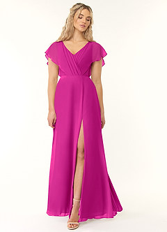 Azazie Rylee Jurken voor bruidsmeisjes Jurk van Chiffon met A-Lijn Geplooid Fuchsia image1
