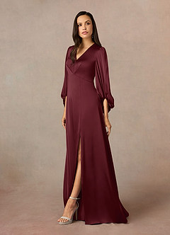Azazie Luna Mother of the Bride Dresses Cabernet A-Line Pleated Stretch Satin Dress image2