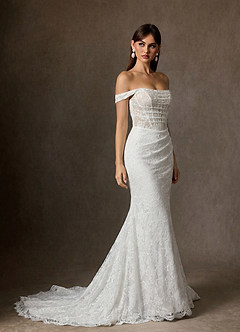 Azazie Idalis Wedding Dresses Diamond White Champagne Mermaid Lace Dress image4