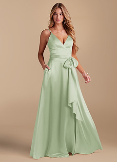 Azazie Sophia Venta Final Vestido de Salvia Polvorienta de Satén Metálico de Corte en A con Con bolsillos image1