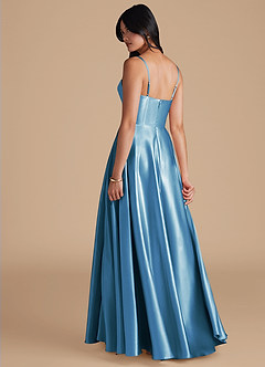 Azazie Elle Bridesmaid Dresses Steel Blue A-Line with Pockets Metallic Satin Dress image3