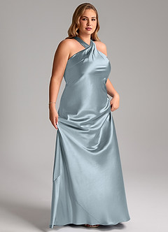 Azazie Doretta Vestidos de damas de honor Vestido de Azul Polvoriento de Satén Metálico de Corte Sirena con Lazo image11