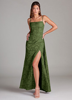 Azazie Denisa Bridesmaid Dresses Olive Sheath Pleated Floral Burnout Dress image3