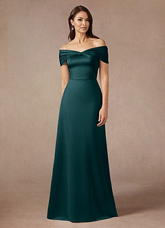 Azazie Amelia Mother of the Bride Dresses Pine A-Line Off the Shoulder Stretch Satin Dress image1