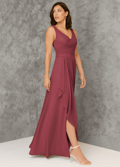 Azazie Kori Abiti da Damigella Abito A-Line in Chiffon Plissettato Merlot image3