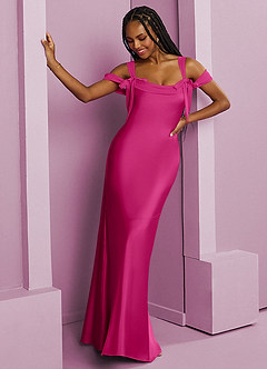 Barbie ♥ Azazie Jurken voor bruidsmeisjes Jurk van Stretch Satijn met Kolom Geplooid Barbie Roze image5