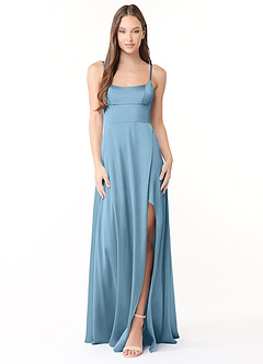Azazie Halsey Bridesmaid Dresses Steel Blue Sheath Side Slit Stretch Satin Dress image1