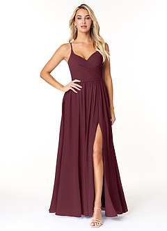 Azazie Dominic Robes de demoiselle d'honneur Robe Trapèze en Mousseline de soie Col V plissé Cabernet image1