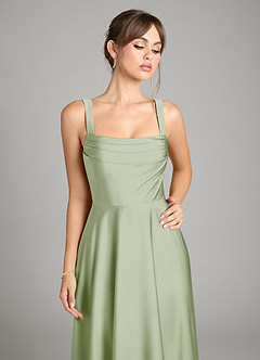 Azazie Shaude Vestidos de damas de honor Vestido de Salvia Polvorienta de Satén Elástico de Corte en A con Plisado image9