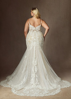 Azazie Camlynn Wedding Dresses Diamond White Nude Mermaid V-Neck Sequins Tulle Dress image9