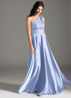 Azazie Charlize Robes de demoiselle d'honneur Robe Trapèze en Satin extensible Ue épaule Eis image3
