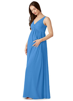 Azazie Yetta vestidos de dama de honor de maternidad Vestido de Corte En A Cuello en V fruncido Hasta el suelo Gasa image5