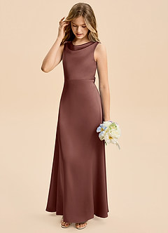 Azazie Kiki Junior Espresso A-Line Bow Stretch Satin Dress image4