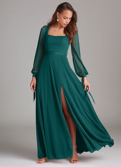 Azazie Leonia Bridesmaid Dresses Peacock A-Line Long Sleeve Mesh Dress image2