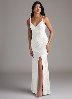 Azazie Leo Bridesmaid Dresses White Sheath Pleated Floral Burnout Dress image3