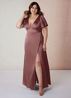 Azazie Lani Bridesmaid Dresses Vintage Mauve A-Line Flounce Sleeve Stretch Satin Dress image7
