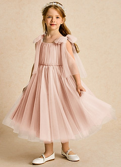 Azazie Dori Robe Demoiselle D'honneur Fillette Robe Trapèze en Tulle Rayé Rose Perle image5