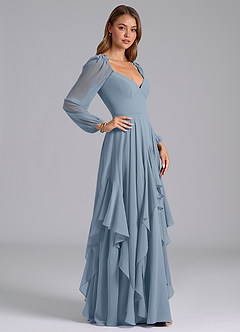 Azazie Karan At-home Try On Dresses Dusty Blue A-Line Long Sleeve Chiffon Dress image5