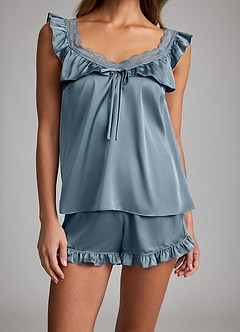 front Lace Ruffled Trim Wing Satin Pajama Set