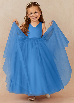 Azazie Marybell Flower Girl Dresses Blue Jay A-Line Bow Tulle Dress image3