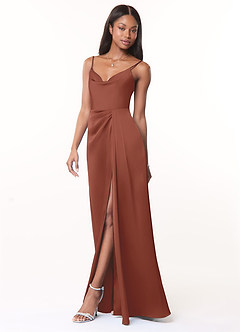 Azazie Brielle Bridesmaid Dresses Auburn A-Line Cowl Spaghetti Straps Stretch Satin Dress image3