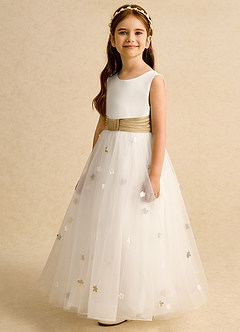 Azazie Cricket vestidos de niña de las flores Vestido de Marfil Oro de Satin Mate de Princesa con Plisado image5