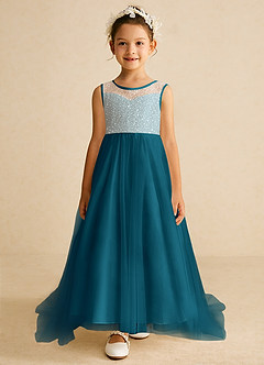 Azazie Tay Flower Girl Dresses Ink Blue A-Line Sequins Tulle Dress image1