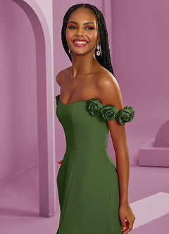 Barbie ♥ Azazie Suknie dla druhen Rozkloszowana szyfonowa sukienka z odkrytymi ramionami i kwiatowymi rozetkami image5