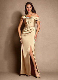 Azazie Altonia Mother of the Bride Dresses Champagne Mermaid Off the Shoulder Stretch Satin Dress image4