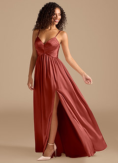 Azazie Alia Bridesmaid Dresses Terracotta A-Line Pleated Metallic Satin Dress image2