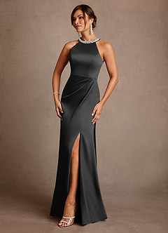 Azazie Lawrence Mother of the Bride Dresses Black A-Line Pleated Stretch Satin Dress image2