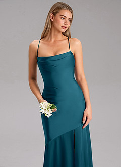 Azazie Grata Bridesmaid Dresses Ink Blue Sheath Side Slit Stretch Satin Dress image6