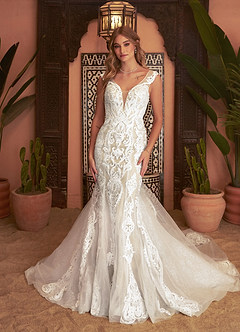 Azazie Delvita Robes de mariée Robe Sirène en Tulle Col V à paillettes Diamant Blanc Champagne image1