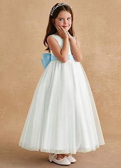 Azazie Cookie Flower Girl Dresses Ivory Sky Blue A-Line Bow Tulle Dress image3