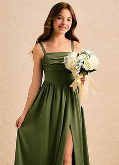 Azazie Maisie Girls Formal Blumenmädchenkleider A-Linie Gestreift Stretch-Satin Kleid Olivgrün image5