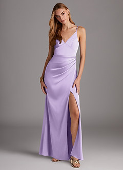 Azazie Shania Bridesmaid Dresses Lilac Sheath V-Neck Pleated Stretch Satin Dress image1