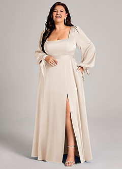 Azazie Leonia Bridesmaid Dresses White Alabaster A-Line Long Sleeve Stretch Satin Dress image8