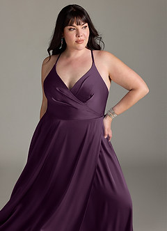 Azazie Davis Bridesmaid Dresses Plum A-Line Pleated Stretch Satin Dress image11