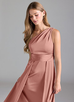 Azazie Dallas Bridesmaid Dresses Rosette A-Line One Shoulder Stretch Satin Dress image6