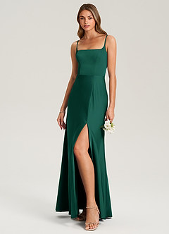 Azazie Lidia Bridesmaid Dresses Emerald Mermaid Side Slit Stretch Satin Dress image3