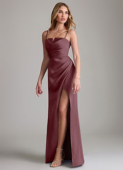 Azazie Danelle Bridesmaid Dresses Sangria Sheath Pleated Stretch Satin Dress image4