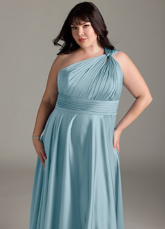 Azazie Charlize Bridesmaid Dresses Moody Blue A-Line One Shoulder Stretch Satin Dress image14