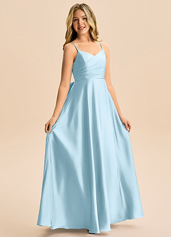 Azazie Rumi Junior Abito A-Line in Raso Elasticizzato Plissettato Azzurro image5