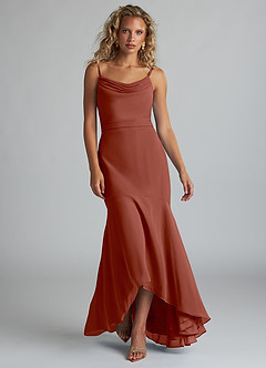 Azazie Summer Bridesmaid Dresses Auburn Mermaid Scoop Cowl Chiffon Dress image4