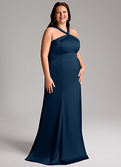 Azazie Rue Vestidos de damas de honor Vestido de Azul Marino Oscuro de Satén Elástico de Corte en A con Plisado image12