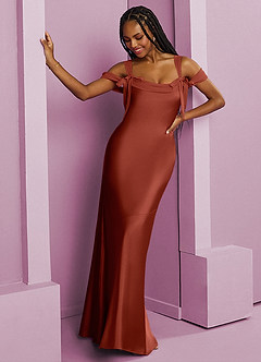 Barbie ♥ Azazie Jurken voor bruidsmeisjes Jurk van Stretch Satijn met Kolom Geplooid Terracotta image12