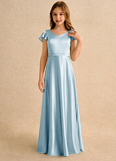 Azazie Nari Girls Formal Final Sale Sky Blue A-Line with Sleeves Stretch Satin Dress image5