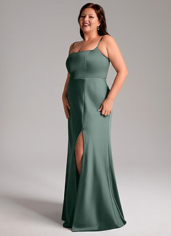 Azazie Lidia Bridesmaid Dresses Sea Moss Mermaid Side Slit Stretch Satin Dress image4